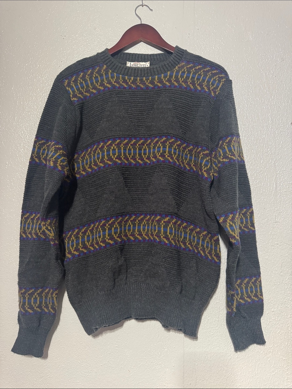 Vintage Jantzen Geometric Knit Sweater Gray M Made in USA Grandpacore Retro 90s